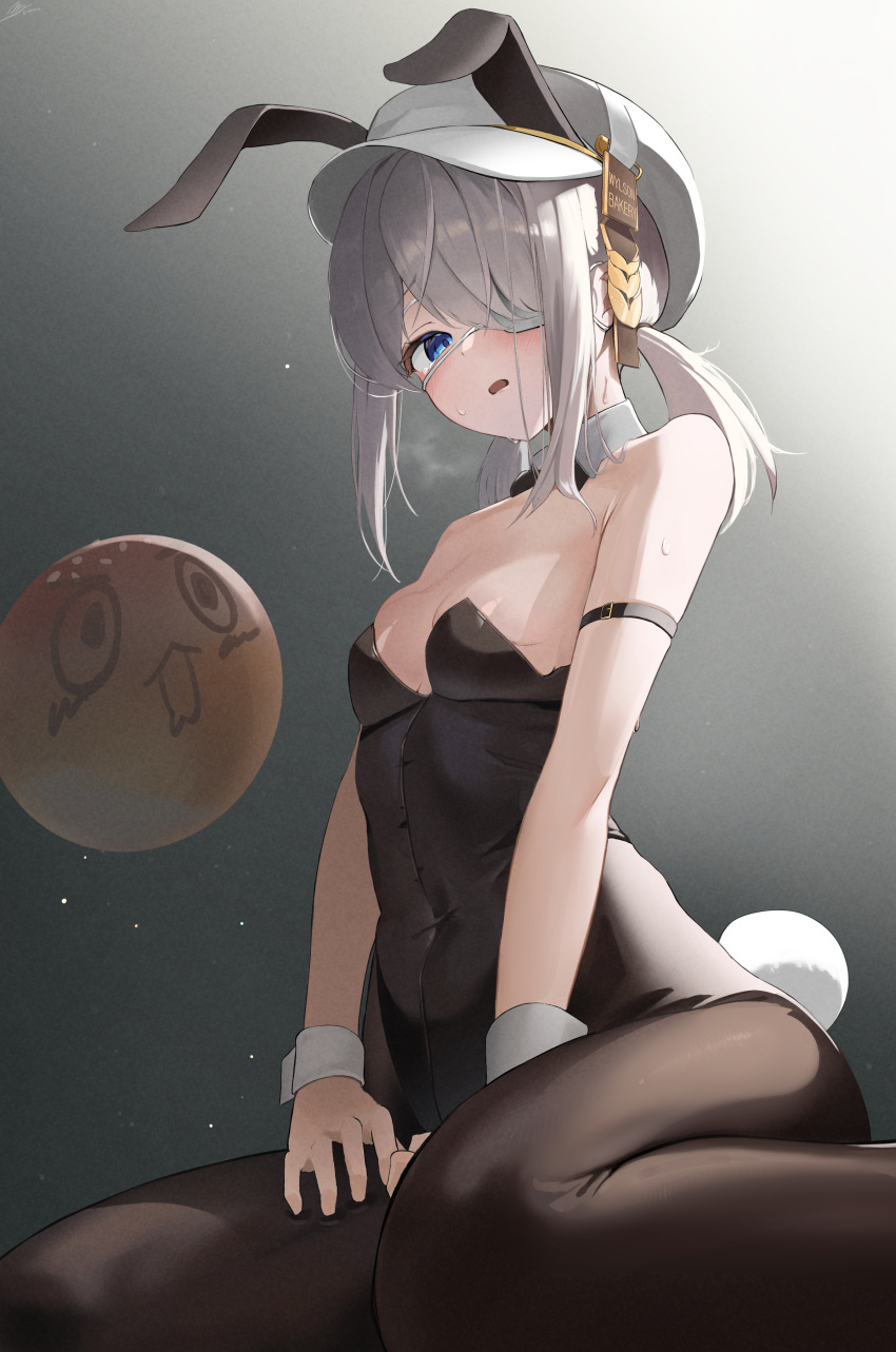 1girl absurdres animal_ears bare_shoulders black_leotard black_survival blue_eyes blush bow bowtie breasts brown_pantyhose cleavage commentary covered_navel emma_0215 eternal_return:_black_survival eyepatch fake_animal_ears fake_tail grey_background hair_over_one_eye hat heavy_breathing highres leotard looking_at_viewer pantyhose playboy_bunny rabbit_ears rabbit_tail short_hair simple_background sissela_kyle sitting small_breasts solo strapless strapless_leotard symbol-only_commentary tail white_hair white_headwear wrist_cuffs