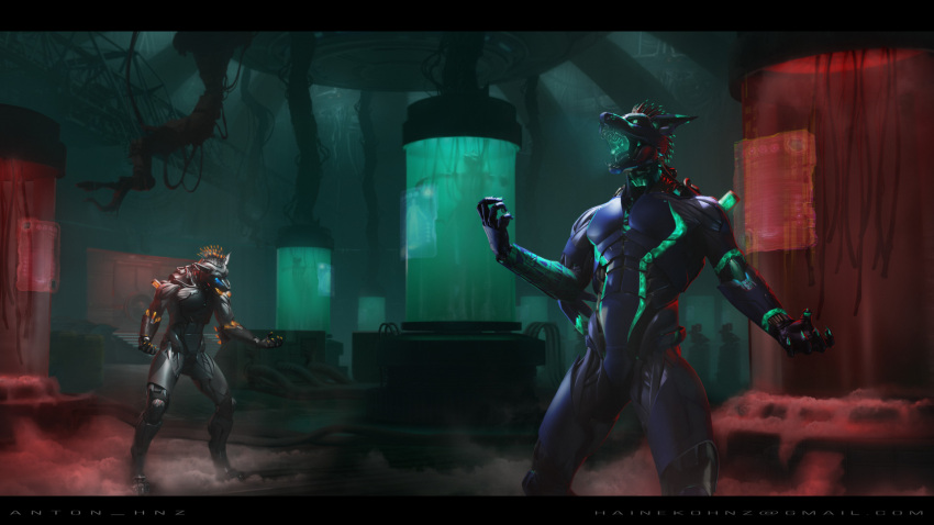 16:9 2d 3d_(artwork) anthro armor aussie black_bars canid canine canis cinematic com cybernetics digital_media_(artwork) duo environment fur group hi_res hnz illustration laboratory letterbox machine male mammal paint robo robot scav widescreen wolf