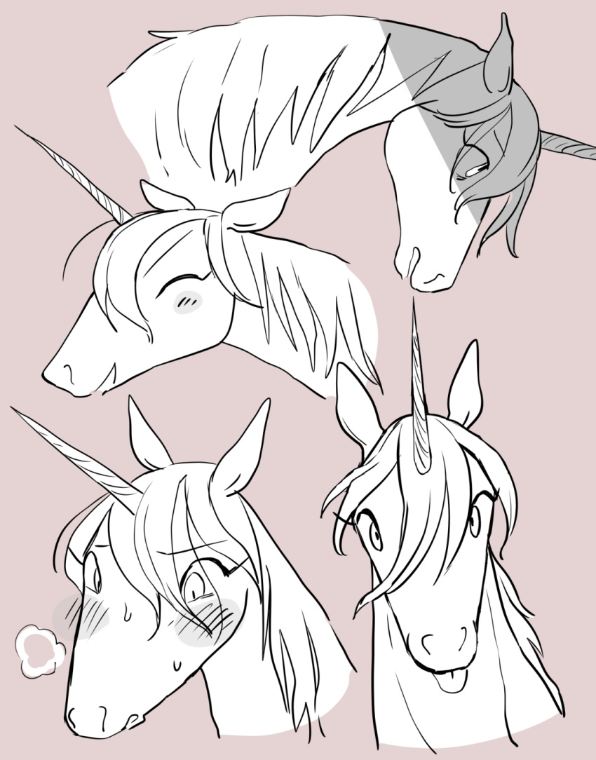 ambiguous_gender blep blush blush_lines breath equid equine eyebrows eyes_closed feral front_view hi_res horn kemono mammal mane semi_(artist) side_view sketch_page smile snout solo three-quarter_view tongue tongue_out uni_(unicorns_aren't_horny) unicorn unicorn_horn unicorns_aren't_horny