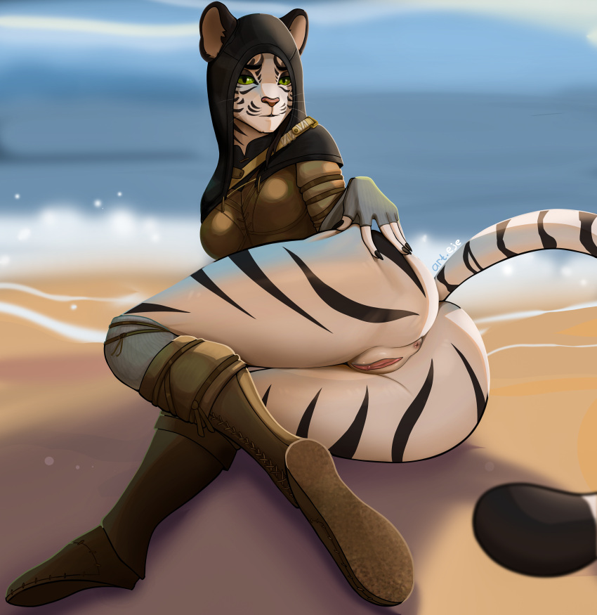 absurd_res anthro anus art.eje beach bethesda_softworks big_butt bottomless brown_hair butt claws clitoral_hood clitoris clothed clothing felid feline felis fur genitals green_eyes hair hand_on_butt hand_on_own_butt headgear headwear hi_res hood khajiit leather leather_clothing legwear looking_at_viewer lying male mammal mostly_clothed on_side outside pawpads paws pussy sand seaside shivvra solo striped_body striped_fur stripes tail tan_body tan_fur the_elder_scrolls white_body white_fur