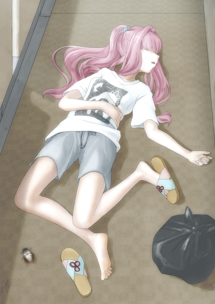 1girl barefoot_sandals bug censored cicada collarbone commentary corpse covered_eyes from_above full_body grey_shorts hair_ornament hair_over_eyes hair_scrunchie hair_spread_out highres kotonoha_akane long_hair lying mosaic_censoring on_back on_ground open_mouth pink_hair ponytail print_shirt sandals scrunchie shirt short_sleeves shorts sidelocks sidewalk single_sandal solo street_gutter t-shirt trash_bag voiceroid white_shirt yukkuri_bitto