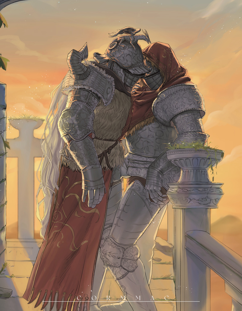 2others absurdres adios against_fence armor between_legs cape copyright_request couple feet_out_of_frame fence forehead-to-forehead from_side full_armor heads_together highres multiple_others outdoors profile red_cape red_scarf scarf sky standing sunset yellow_sky