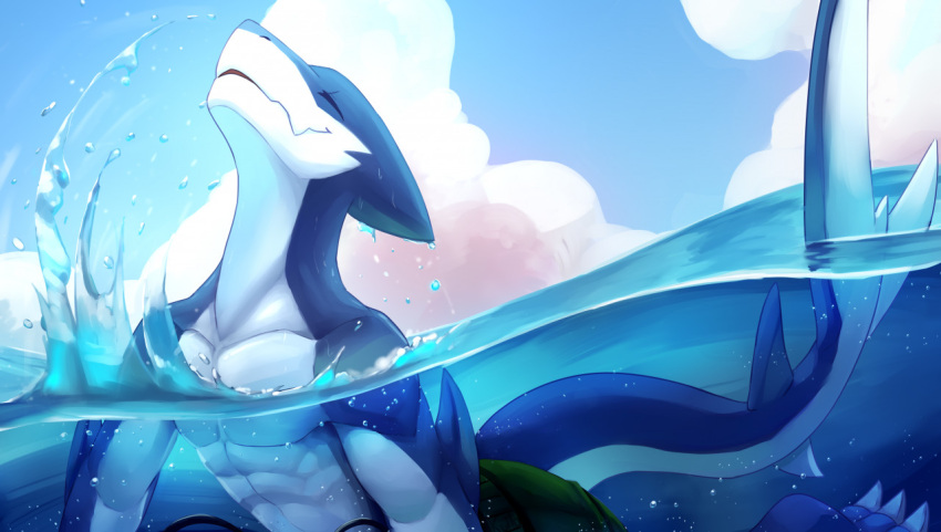 abs anthro blue_body blue_sky blue_tail bottomwear clothed clothing cloud eyes_closed green_bottomwear green_clothing kuttoyaki male partially_submerged pecs sky smile solo tail topless white_body white_tail