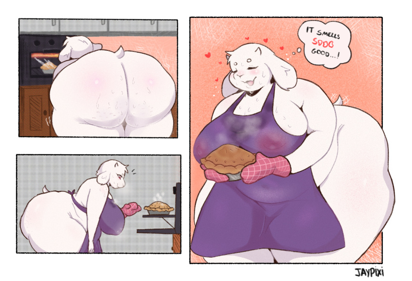 &lt;3 animal_humanoid anthro apron big_breasts big_butt bodily_fluids bovid breasts butt caprine cellulite chubby_anthro chubby_belly chubby_cheeks chubby_female closed_smile clothing comic comic_panel cooking dessert eyes_closed female food fur goat holding_food holding_object humanoid jaypixi kitchen mammal mammal_humanoid mommy_kink mouth_closed musk_clouds nipples overweight overweight_anthro overweight_female pie pink_nipples slightly_chubby smile sweat sweatdrop sweaty_breasts sweaty_butt sweaty_legs sweaty_thighs thick_thighs toriel translucent translucent_clothing undertale_(series) wet wet_body wet_clothing wet_fur white_body white_fur wide_hips