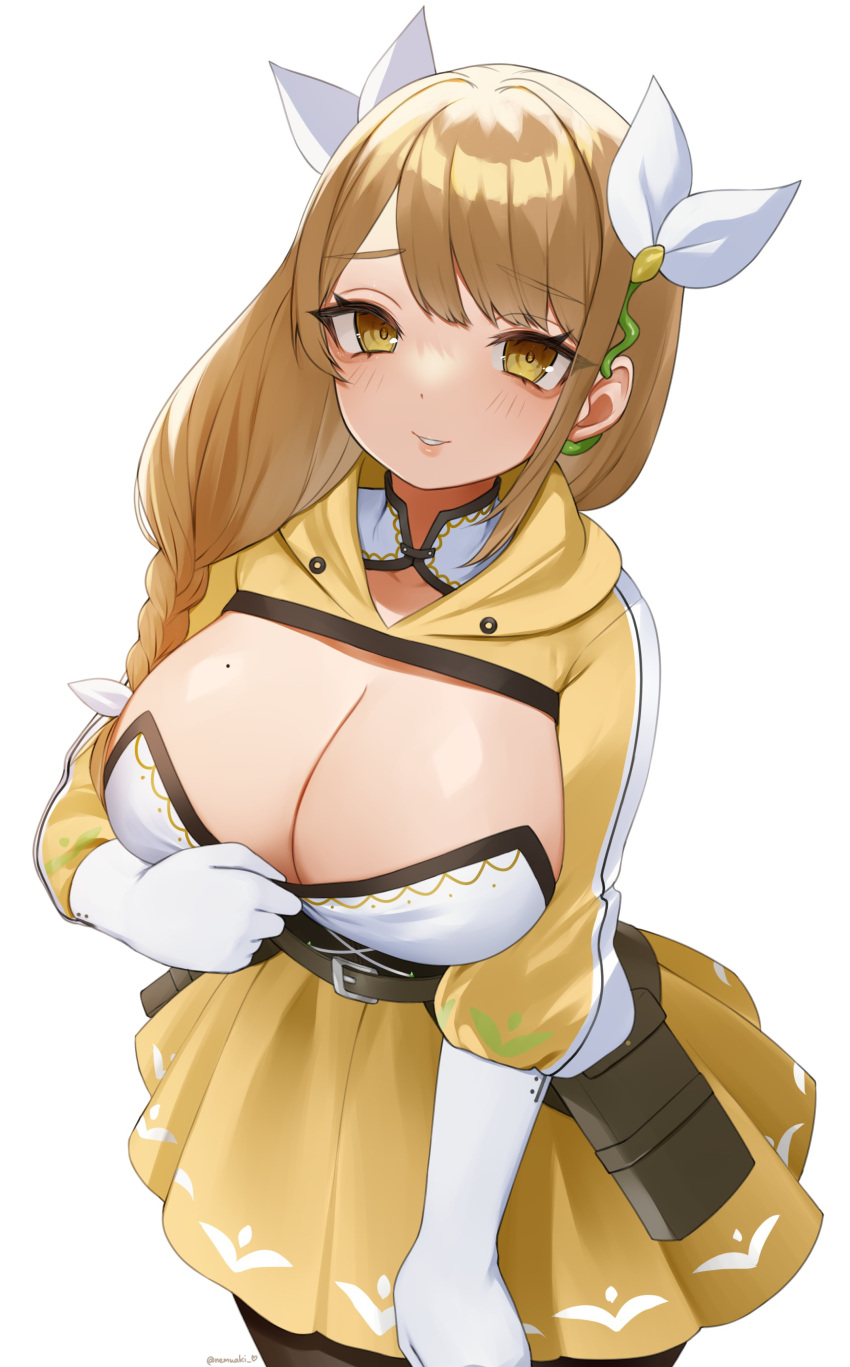 1girl absurdres belt black_belt black_pantyhose braid breasts brown_hair cleavage commentary_request cowboy_shot fire_emblem fire_emblem_engage flashing gloves goldmary_(fire_emblem) grin hair_ribbon highres large_breasts long_hair long_sleeves looking_at_viewer miniskirt mole mole_on_breast nemuaki pantyhose parted_lips pleated_skirt ribbon shrug_(clothing) simple_background skirt smile solo standing teasing white_background white_gloves white_ribbon yellow_eyes yellow_skirt