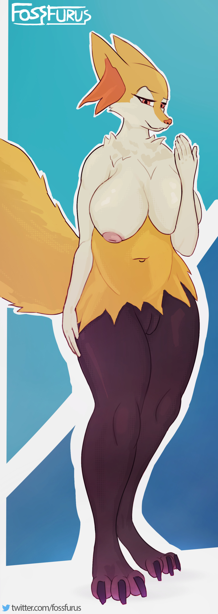 abstract_background absurd_res anthro arm_on_breasts arm_on_hip bedroom_eyes big_breasts big_feet big_toes braixen breast_squish breasts cheek_tuft claws digitigrade eyebrows eyelashes facial_tuft feet female fingers fluffy fluffy_chest fluffy_ears fluffy_hair fluffy_tail fossfurus generation_6_pokemon genitals gesture glistening glistening_body glistening_breasts glistening_skin hair hand_on_leg hand_on_thigh hi_res inverted_nipples kneecap kneecaps narrowed_eyes navel neck_tuft nintendo nipples organs outline pokemon pokemon_(species) presenting pussy seductive simple_background smile smirk smirking_at_viewer solo squish standing stare stomach tail thick_thighs toes tuft