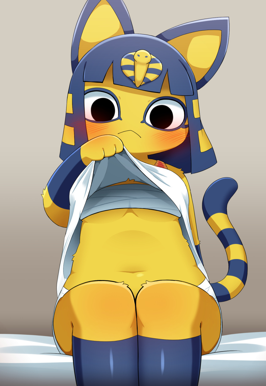 2023 animal_crossing ankha_(animal_crossing) anthro black_eyes breasts chest_wraps clothed clothing clothing_lift domestic_cat egyptian_headdress felid feline felis female front_view fur hair hi_res humanoid_face mammal nintendo partially_clothed sitting solo sum tail white_clothing wraps yellow_body yellow_fur yellow_inner_ear yellow_tail