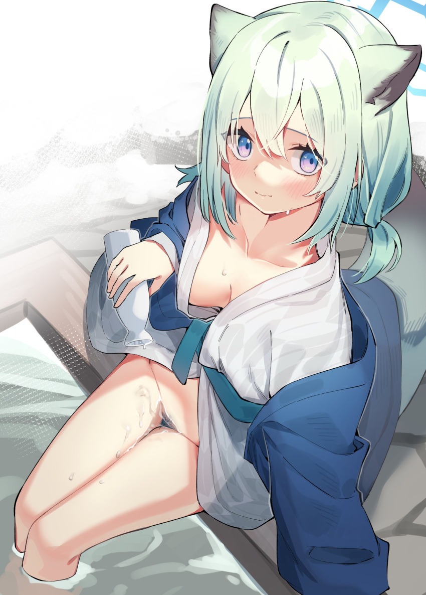 1girl animal_ears aqua_hair bath_yukata blue_archive blush bottomless breasts female_pubic_hair gradient_hair highres holding japanese_clothes kimono light_green_hair looking_at_viewer low_twintails medium_breasts multicolored_hair off_shoulder onsen open_clothes pubic_hair purple_eyes shigure_(blue_archive) shigure_(hot_spring)_(blue_archive) sho_bu_1116 sitting snow soaking_feet solo tail twintails wakamezake water wet wide_sleeves yukata
