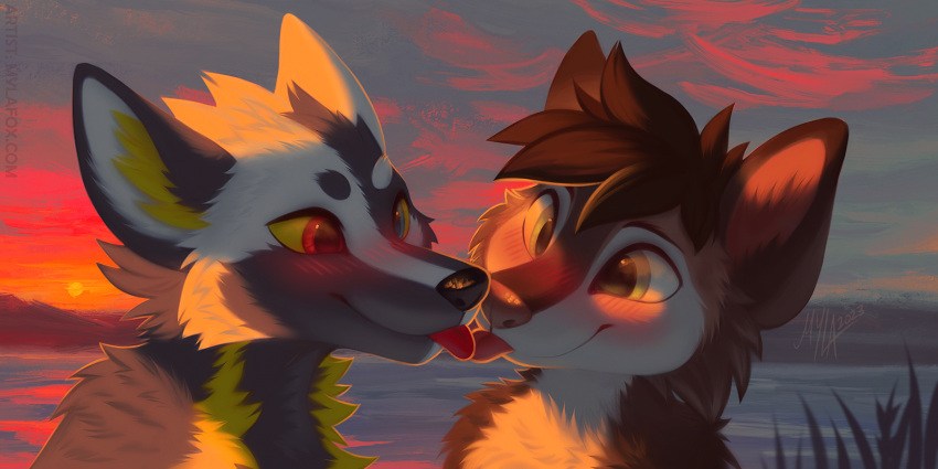 2023 2:1 anthro black_hair black_nose blush canid cheek_tuft closed_smile dated duo facial_tuft french_kissing fur grey_body grey_fur hair head_tuft hi_res kissing male male/male mammal mouth_closed mylafox outside red_eyes red_tongue signature sky smile sunset tongue tuft white_body white_fur yellow_body yellow_eyes yellow_fur yellow_sclera