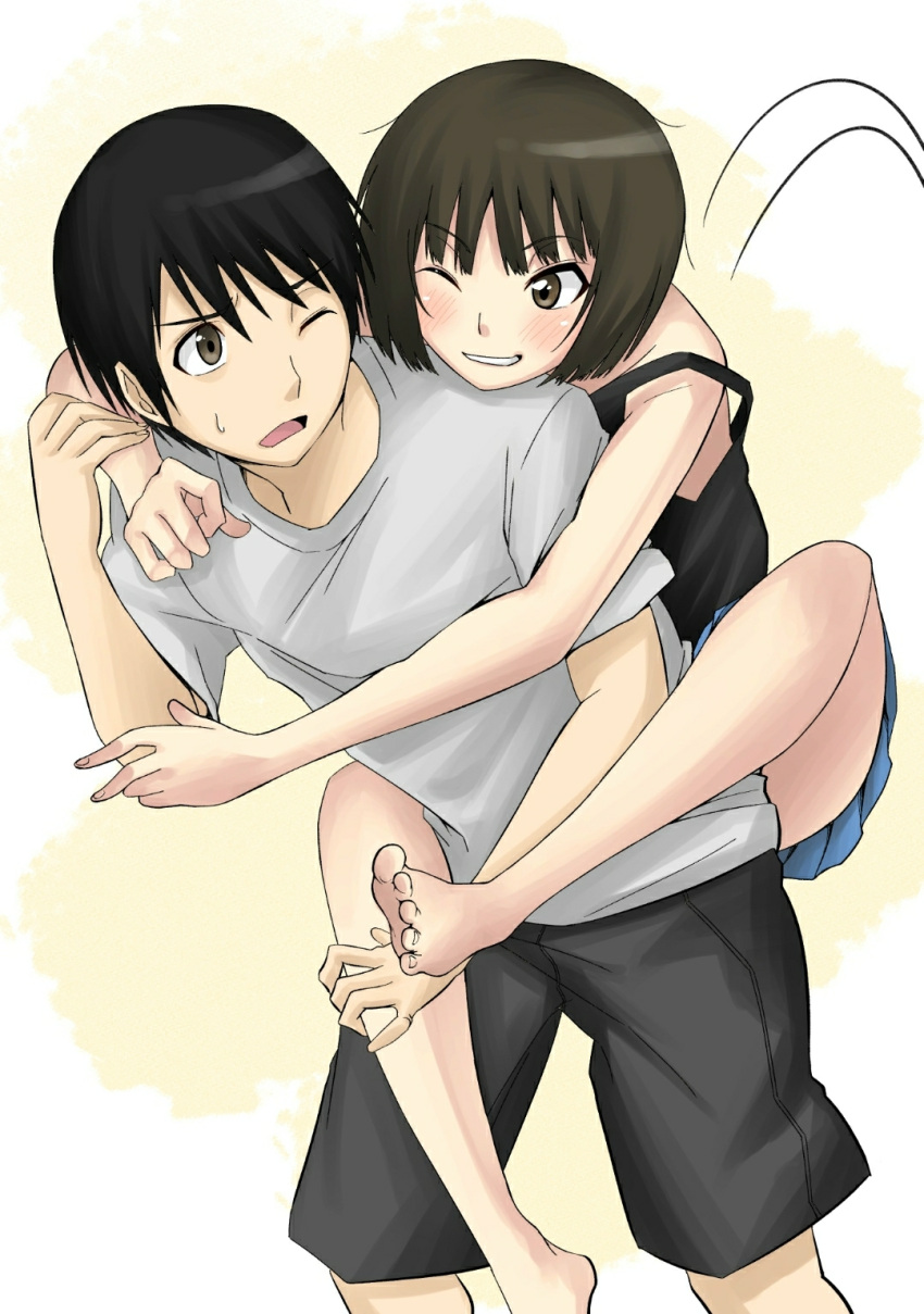 1boy 1girl ;d amagami arm_around_neck arm_around_shoulder bare_shoulders barefoot black_hair black_shorts black_tank_top blue_skirt blush bob_cut brother_and_sister brown_eyes brown_hair carrying carrying_person casual commentary cowboy_shot feet foot_out_of_frame furrowed_brow grin hand_on_another's_leg highres hug hug_from_behind jishaku_(user_rcuz2843) leg_lock legs loose_hair_strand messy_hair motion_lines one_eye_closed open_mouth piggyback pleated_skirt shirt short_hair short_sleeves shorts siblings skirt smile strap_slip sweatdrop t-shirt tachibana_jun'ichi tachibana_miya tank_top toenails toes two-tone_background white_background white_shirt wince yellow_background