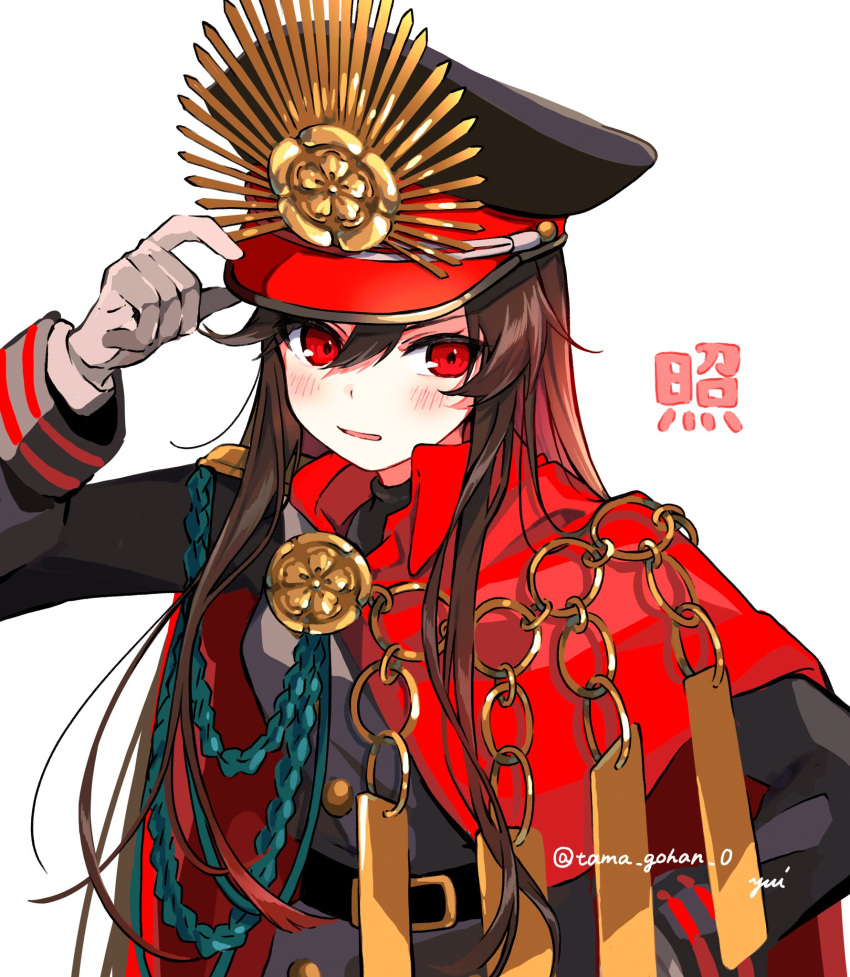 1girl belt black_headwear black_shirt blush cape chain family_crest fate/grand_order fate_(series) gloves hair_between_eyes hands_on_headwear hands_on_own_hips hat hi_(wshw5728) highres long_sleeves looking_to_the_side medallion military_hat military_uniform oda_nobunaga_(fate) oda_uri peaked_cap red_cape red_eyes shirt simple_background solo uniform upper_body white_background