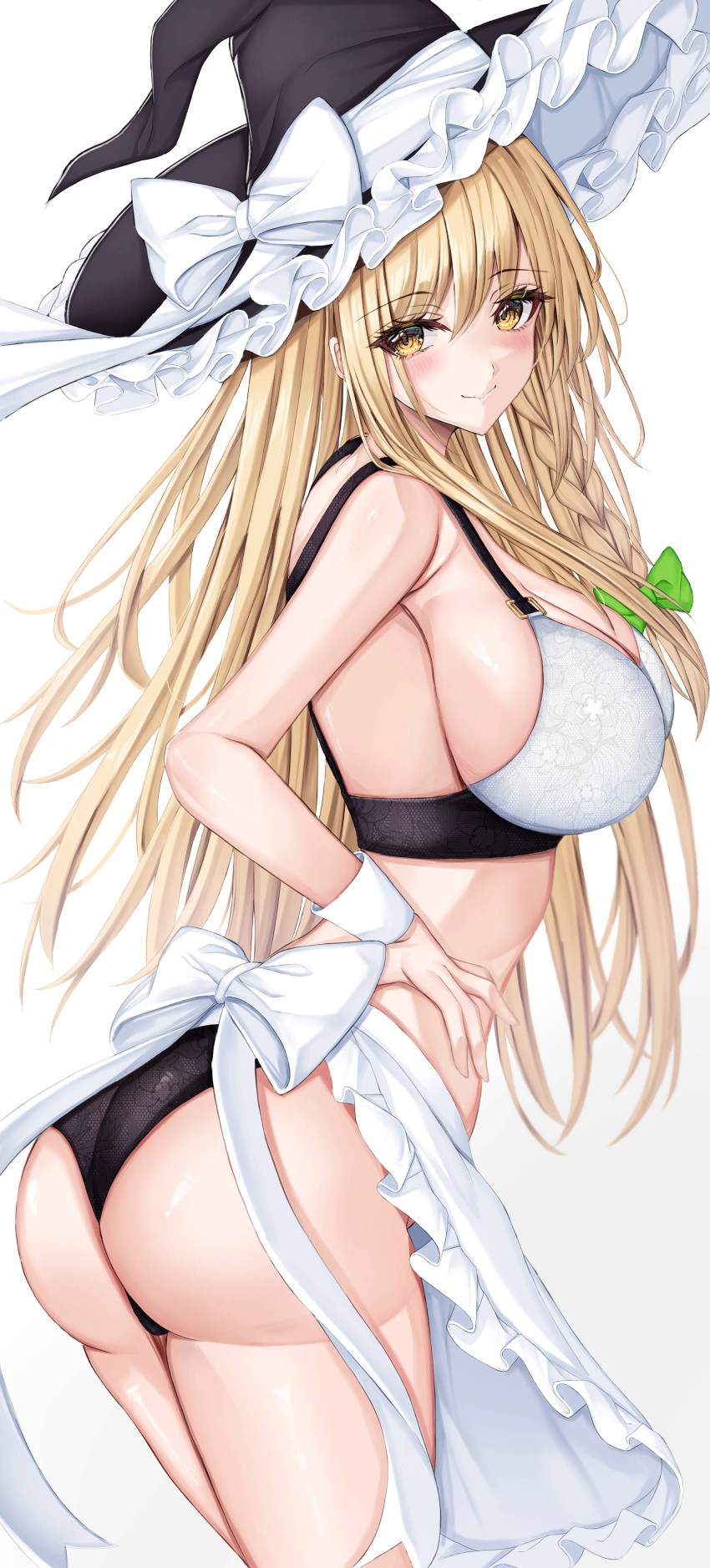1girl 7saki absurdres apron ass bad_anatomy bikini black_headwear blonde_hair bow braid breasts closed_mouth commentary_request frilled_hat frills hat hat_bow highres kirisame_marisa large_breasts long_hair looking_at_viewer nearly_naked_apron side_braid simple_background single_braid smile solo swimsuit touhou white_apron white_background yellow_eyes