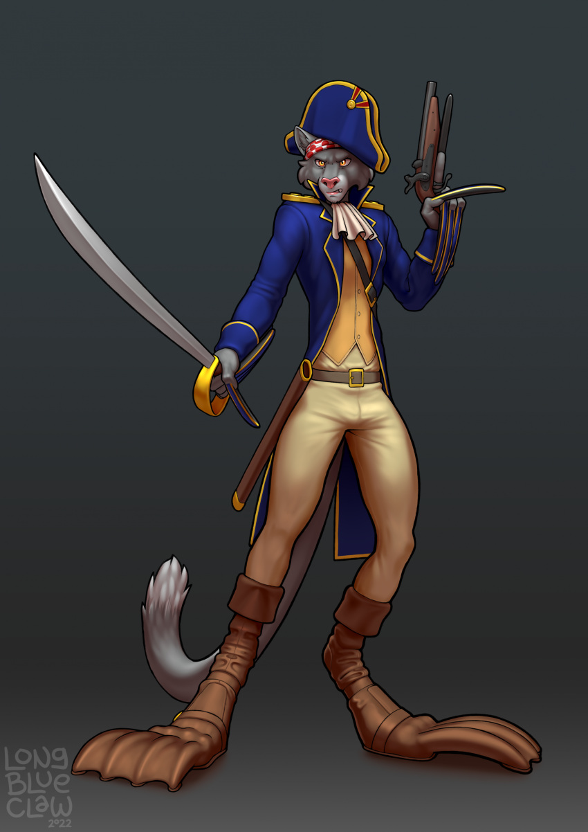 2022 5_fingers absurd_res anthro claws clothed clothing digital_media_(artwork) felid feline fingers fur grey_body grey_fur gun hi_res long_claws longblueclaw male mammal melee_weapon pirate pose ranged_weapon simple_background solo standing sword weapon white_body white_fur