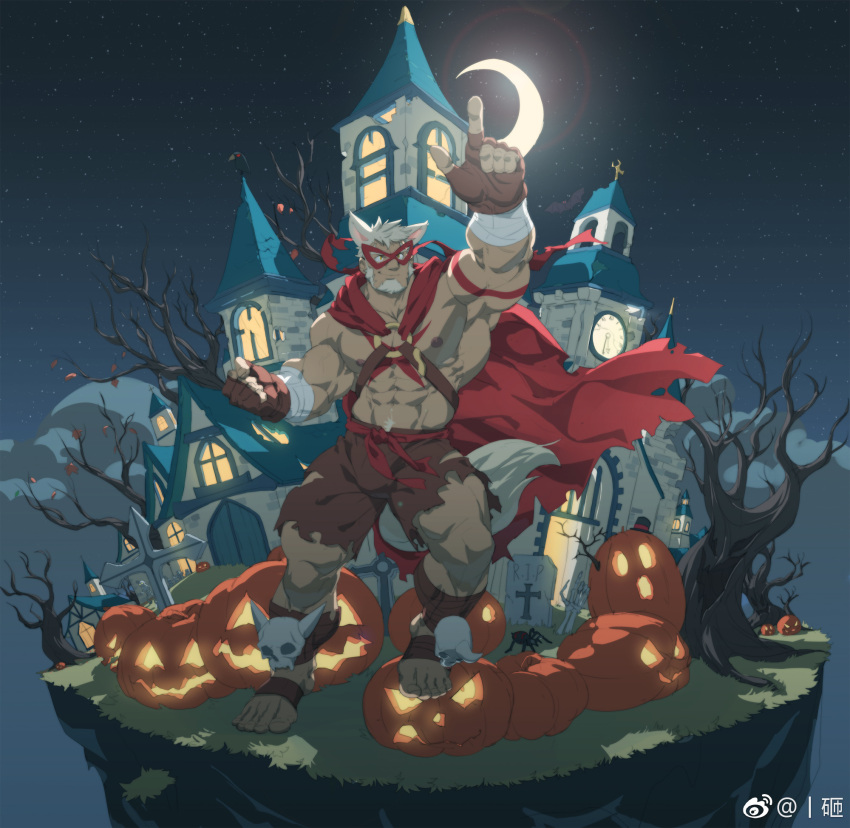 1boy abs animal_ears arm_up bara bare_tree bone_armor bulge cape castle crescent_moon eye_mask full_body halloween halloween_costume highres index_finger_raised jack-o'-lantern large_hands large_pectorals long_sideburns male_focus mature_male moon muscular muscular_male navel navel_hair nipples o-ring o-ring_top original pants pectorals red_cape rollingstonex6 short_hair sideburns skull smoke solo stomach tail thick_eyebrows thick_thighs thighs torn_clothes torn_pants tree v-taper wolf_boy wolf_ears wolf_tail