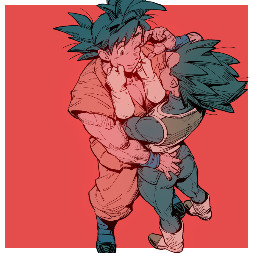 2boys ass ass_grab bara blue_bodysuit bodysuit cheek_pinching couple dougi dragon_ball dragon_ball_z foreshortening from_above grabbing_another's_ass groping highres male_focus multiple_boys muscular muscular_male orange_background pectoral_cleavage pectorals pinching receding_hairline short_hair sideburns son_goku spiked_hair supobi thick_eyebrows vegeta yaoi