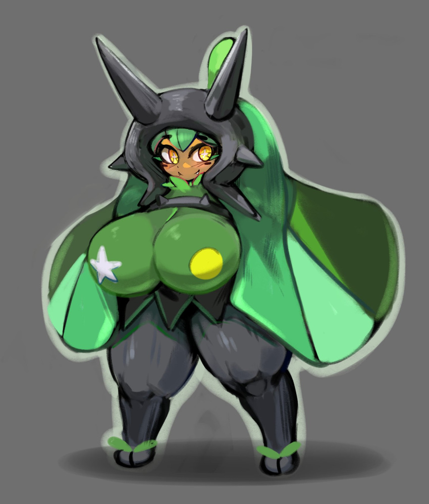 big_breasts black_body black_skin blush breasts brown_body brown_skin fangs female full-length_portrait green_body green_hair green_skin grey_background hair hi_res huge_breasts humanoid looking_at_viewer nintendo ogerpon pasties pokemon portrait short_stack simple_background smile solo spikes spikes_(anatomy) standing star_eyes teeth thick_thighs yboon yellow_eyes