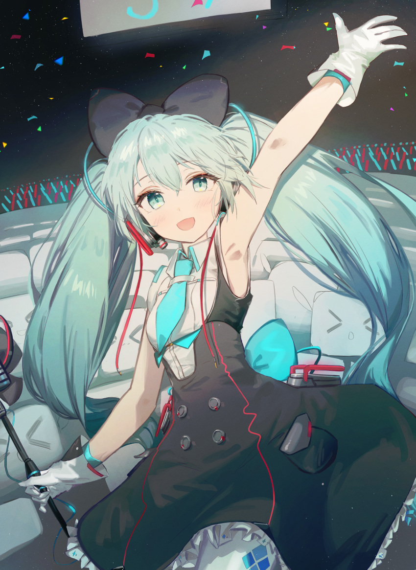 1girl :d absurdres argyle_pantyhose arm_up armpits bare_shoulders black_bow black_skirt blue_eyes blue_hair blue_necktie blush bow buttons collared_shirt confetti cowboy_shot double-breasted gloves glowstick hair_between_eyes hair_bow hatsune_miku high-waist_skirt highres holding holding_microphone_stand long_hair magical_mirai_miku magical_mirai_miku_(2016) microphone microphone_stand mihoranran necktie open_hand open_mouth pantyhose raised_eyebrows shirt shirt_tucked_in sidelocks skirt sleeveless sleeveless_shirt smile solo twintails very_long_hair vocaloid white_gloves white_pantyhose white_shirt