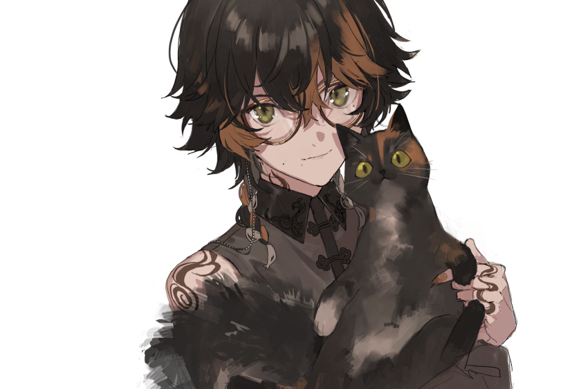 animal black_cat black_hair black_shirt brown-framed_eyewear brown_eyes brown_hair cat closed_mouth collared_shirt dress_shirt ebira glasses highres holding holding_animal looking_at_viewer multicolored_hair original shirt smile solo streaked_hair