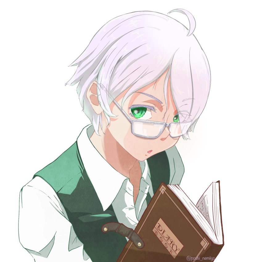 1boy artist_name book diary glasses green_eyes green_vest highres looking_at_viewer male_focus open_book open_mouth poshi_nemiiyo shirt short_hair simple_background upper_body vest white_background white_hair white_shirt