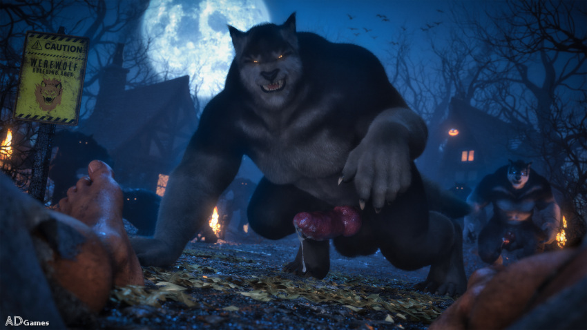 ad-games anthro balls canid canine claws first_person_view full_moon fur genitals group hi_res knot male mammal moon sign were werecanid werecanine werewolf