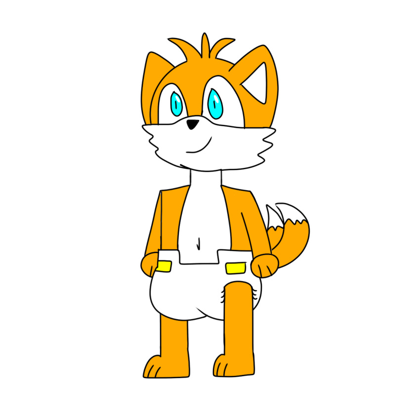 2_tails anthro arms_at_sides baby blue_eyes canid canine clean_diaper clothed clothing diaper diaper_only feet fox fur fur_tuft hi_res iris looking_at_viewer mammal miles_prower mobian_fox multi_tail navel orange_body orange_fur paws pupils sega smile solo sonic_the_hedgehog_(series) tail three-quarter_view topless triangle_nose tuft war_machine_furry wearing_diaper white_body white_fur young