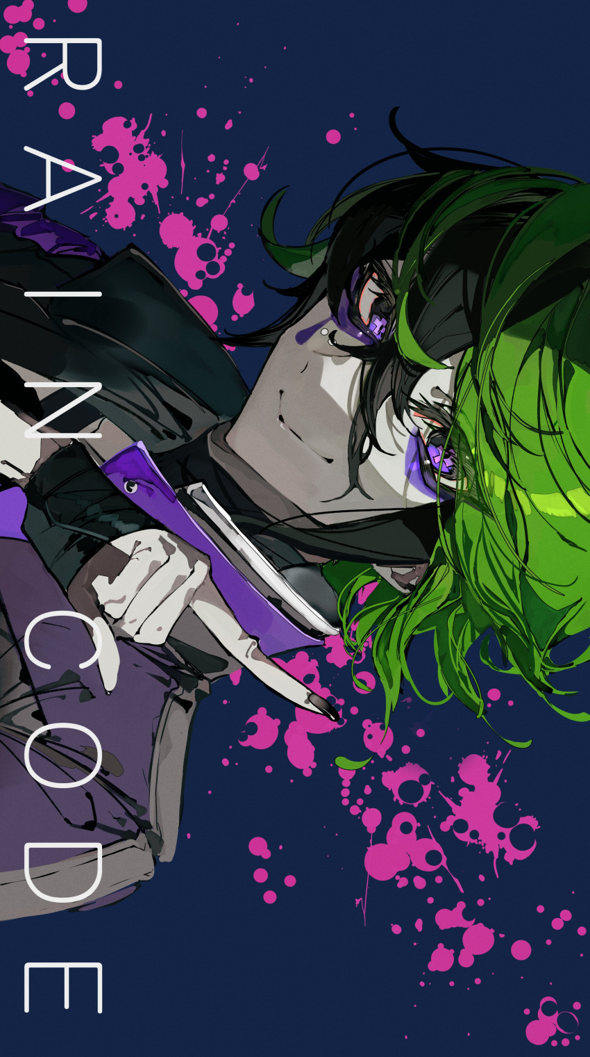 1boy absurdres bandaged_hand bandages blood blood_splatter closed_mouth commentary_request copyright_name eyeliner green_hair hair_between_eyes highres index_finger_raised jacket looking_at_viewer makeup male_focus master_detective_archives:_rain_code multicolored_hair mura_karuki pink_blood purple_eyeliner purple_eyes purple_jacket short_hair sideways smile solo streaked_hair twilight_vivia upper_body