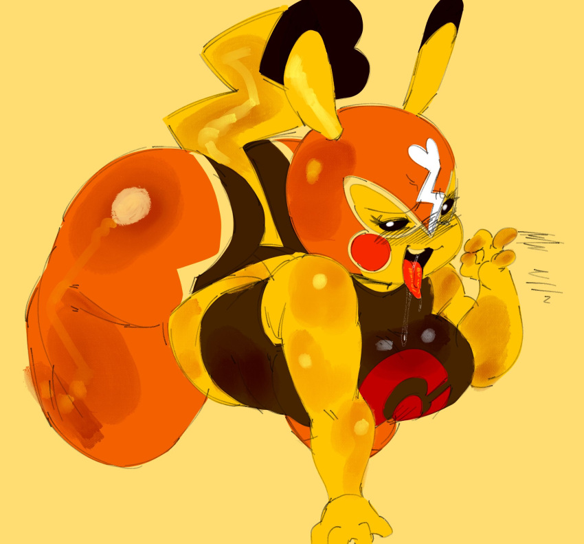 2023 anthro anthrofied blush bodily_fluids breasts cleft_tail clothing cosplay_pikachu_(costume) female generation_1_pokemon gesture greatalmightyjj hi_res mask narrowed_eyes nintendo open_mouth pikachu pikachu_libre pokemon pokemon_(species) saliva simple_background solo tongue tongue_out yellow_body yellow_skin