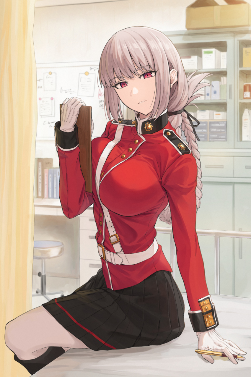 1girl belt black_skirt braid braided_ponytail breasts buttons clipboard commentary_request fate/grand_order fate_(series) florence_nightingale_(fate) folded_ponytail gloves highres jacket kamo_ashi large_breasts long_hair long_sleeves looking_at_viewer military_jacket military_uniform pantyhose pen pink_hair pleated_skirt red_eyes red_jacket sitting skirt solo uniform white_gloves white_pantyhose