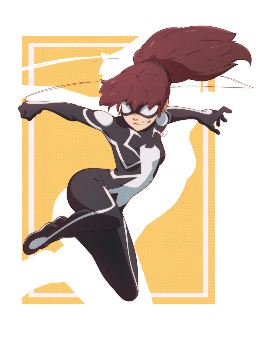 1girl airborne animification anya_corazon black_bodysuit black_footwear bodysuit breasts brown_hair clenched_hand floating_hair highres marvel mask medium_breasts open_hand parted_lips ponytail skin_tight smile smirk solo spider-girl spider-man_(series) superhero thejg