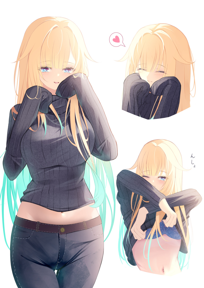 1girl ^_^ absurdres aizawa_ema black_pants black_sweater blonde_hair blue_bra blunt_bangs blush bra closed_eyes clothes_lift commentary_request denim hands_up haru_(haru83380282) heart highres jeans long_hair looking_at_viewer midriff multiple_views navel one_eye_closed open_mouth pants parted_bangs purple_eyes ribbed_sweater simple_background sleeves_past_fingers sleeves_past_wrists smile solo spoken_heart stomach sweater sweater_lift thigh_gap underwear virtual_youtuber vspo! white_background