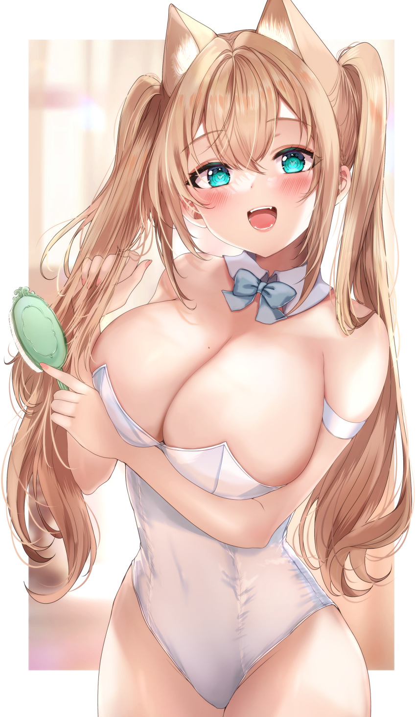 1girl :d absurdres animal_ears bare_shoulders blue_bow blue_bowtie blush borrowed_character bow bowtie breasts cat_ears cleavage cowboy_shot detached_collar green_eyes hair_between_eyes hair_brush highres holding_hair_brush huge_breasts leotard long_hair looking_at_viewer mole mole_on_breast open_mouth original outside_border smile strapless strapless_leotard twintails white_leotard yu_lei