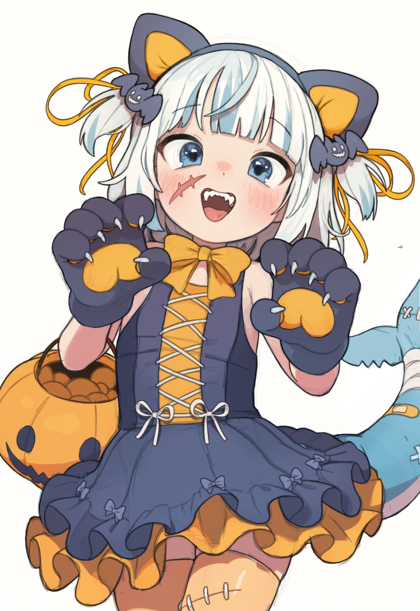 1girl absurdres animal_ears bare_shoulders black_dress blue_eyes blue_hair blunt_bangs bow bowtie dress fake_animal_ears fins fish_tail gawr_gura hair_ornament hair_ribbon halloween highres hololive hololive_english jack-o'-lantern multicolored_hair open_mouth opossumachine orange_bow orange_ribbon pumpkin ribbon shark_girl shark_tail sharp_teeth simple_background sleeveless sleeveless_dress solo streaked_hair tail teeth thighhighs two_side_up virtual_youtuber white_background white_hair