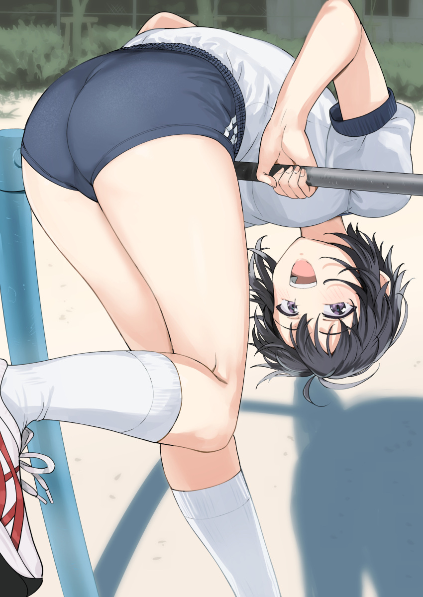 1girl antenna_hair ass black_eyes black_hair blue_buruma blush buruma day exercise gym_shirt gym_uniform happy_birthday highres idolmaster idolmaster_(classic) idolmaster_1 kikuchi_makoto looking_at_viewer open_mouth outdoors shirt short_hair short_sleeves smile socks solo tomboy tsurui white_shirt white_socks