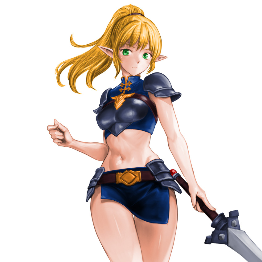 1girl armor belt blonde_hair blue_skirt boobplate breasts closed_mouth covered_nipples elf floating_hair frown green_eyes highres holding holding_sword holding_weapon long_hair medium_breasts minamoto80486 miniskirt navel pointy_ears purple_belt shoulder_armor simple_background skirt solo sword thighs weapon white_background wizardry
