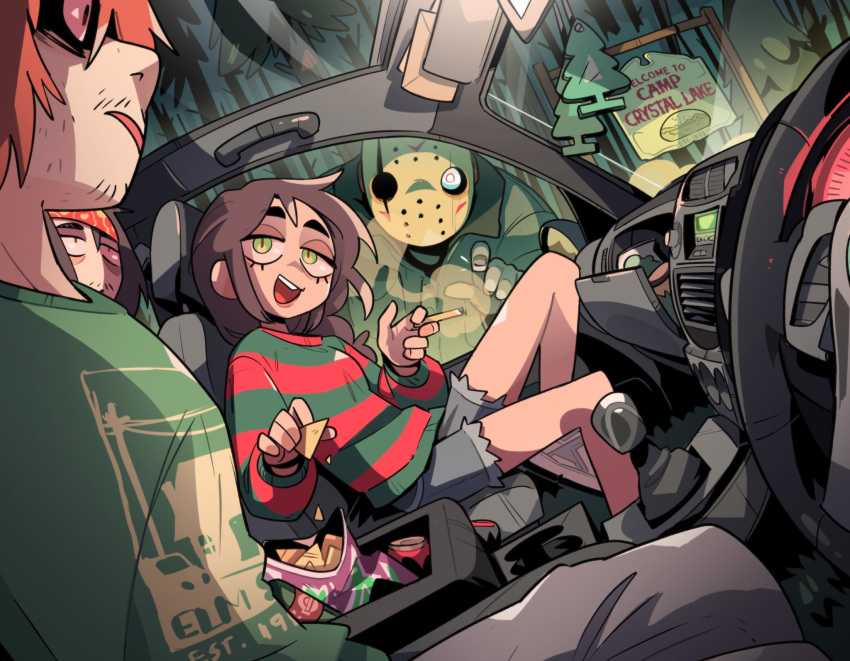 1girl 3boys :d bandana car_interior carles_dalmau cigarette facial_hair food friday_the_13th green_sweater highres hockey_mask holding holding_cigarette jason_voorhees knee_up knocking looking_at_another mask multiple_boys nachos pants red_sweater shaded_face short_hair shorts sign smile steering_wheel striped striped_sweater stubble sweater teeth upper_teeth_only white_eyes