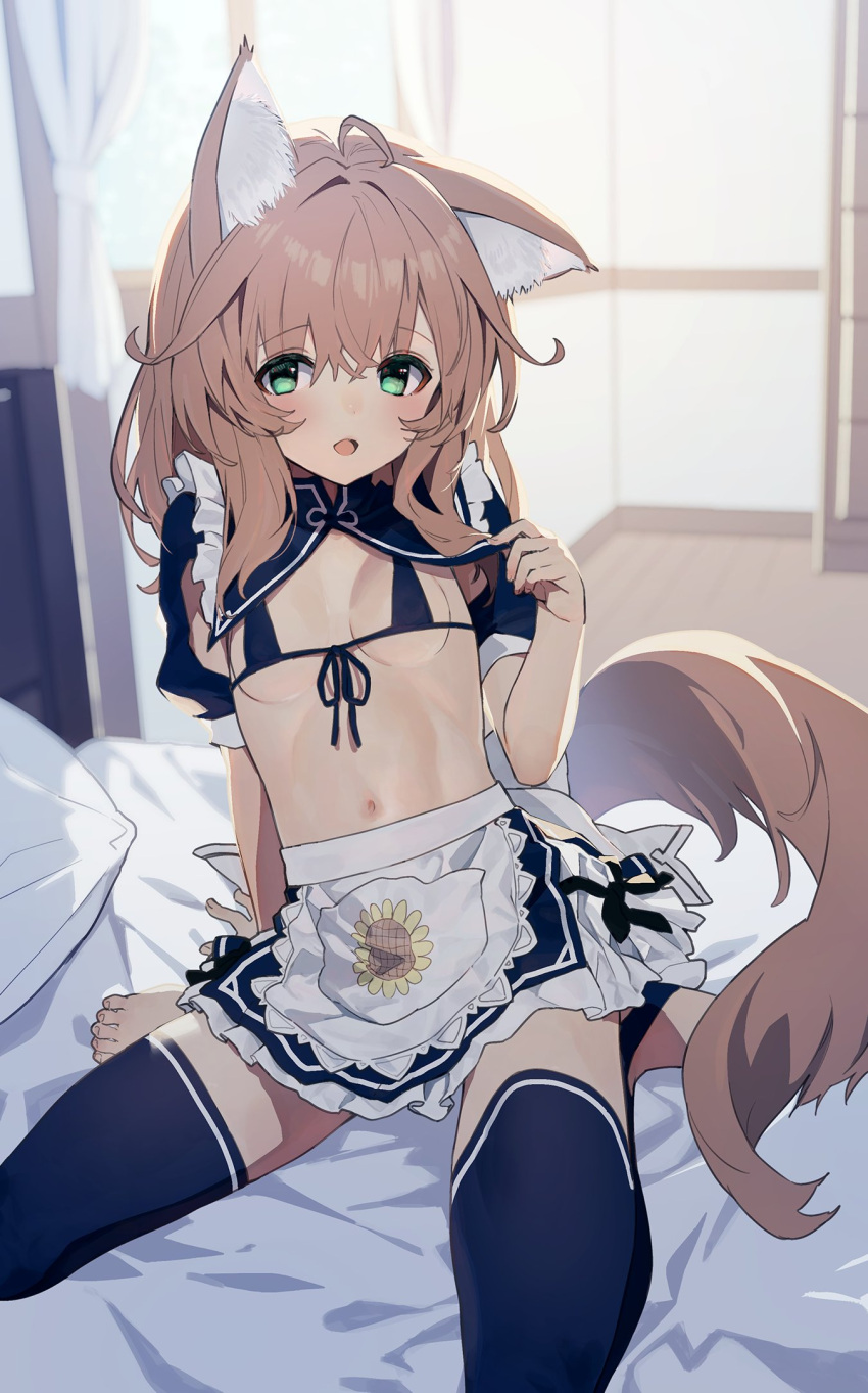 1girl ahoge animal_ear_fluff animal_ears apron arm_support barefoot bikini black_bikini black_thighhighs blurry blurry_background blush breasts brown_hair fox_ears fox_girl fox_tail frilled_skirt frills front-tie_bikini_top front-tie_top green_eyes highres indoors long_hair looking_at_viewer micro_bikini midriff navel on_bed open_mouth original pillow sawayaka_samehada short_sleeves sitting skirt small_breasts solo swimsuit tail thighhighs waist_apron white_apron window