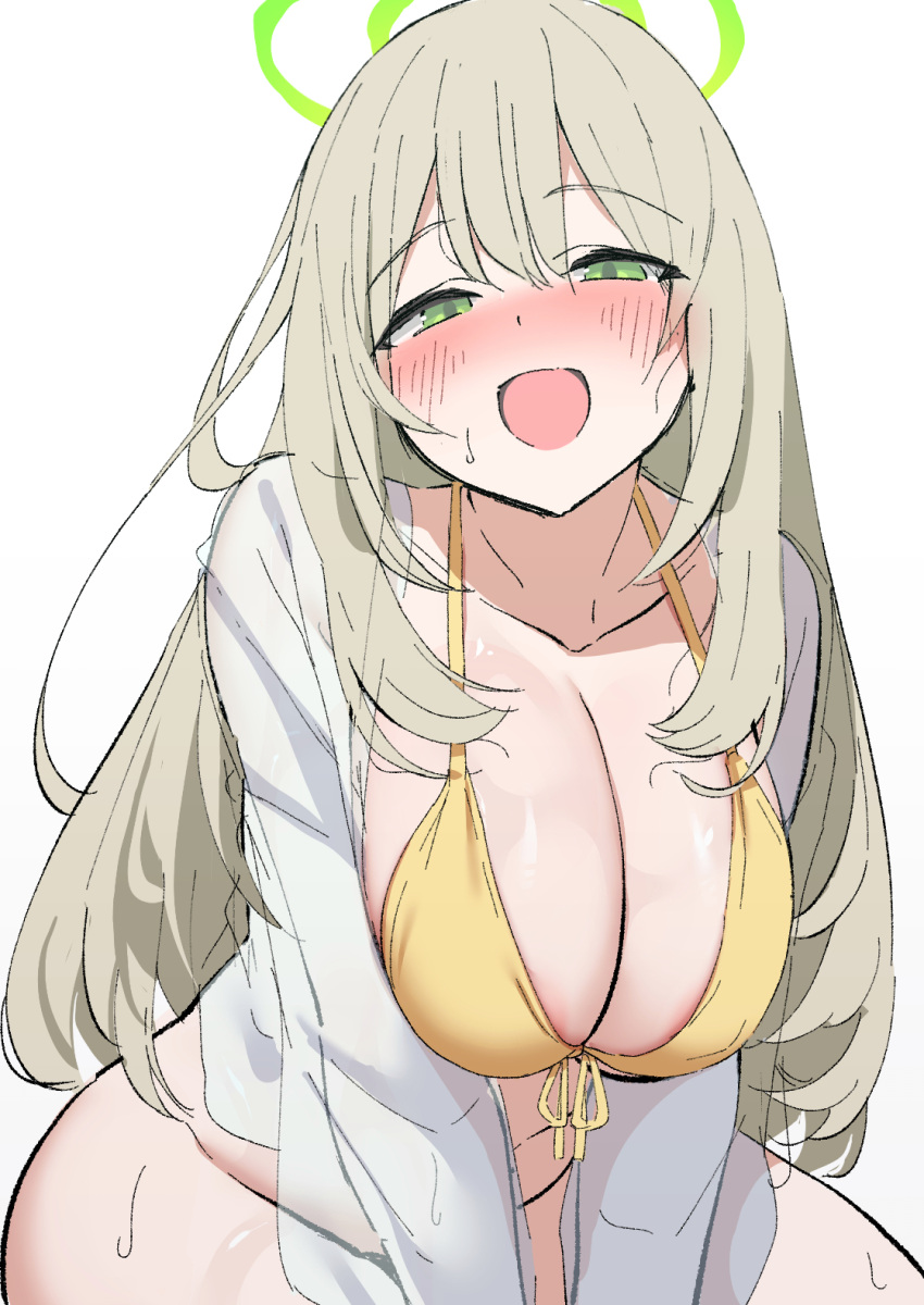 1girl bikini bikini_top_only blue_archive blush breasts collarbone front-tie_bikini_top front-tie_top green_eyes halo highres huge_breasts isemori large_breasts long_hair looking_at_viewer nonomi_(blue_archive) nonomi_(swimsuit)_(blue_archive) open_mouth simple_background solo swimsuit white_background yellow_bikini