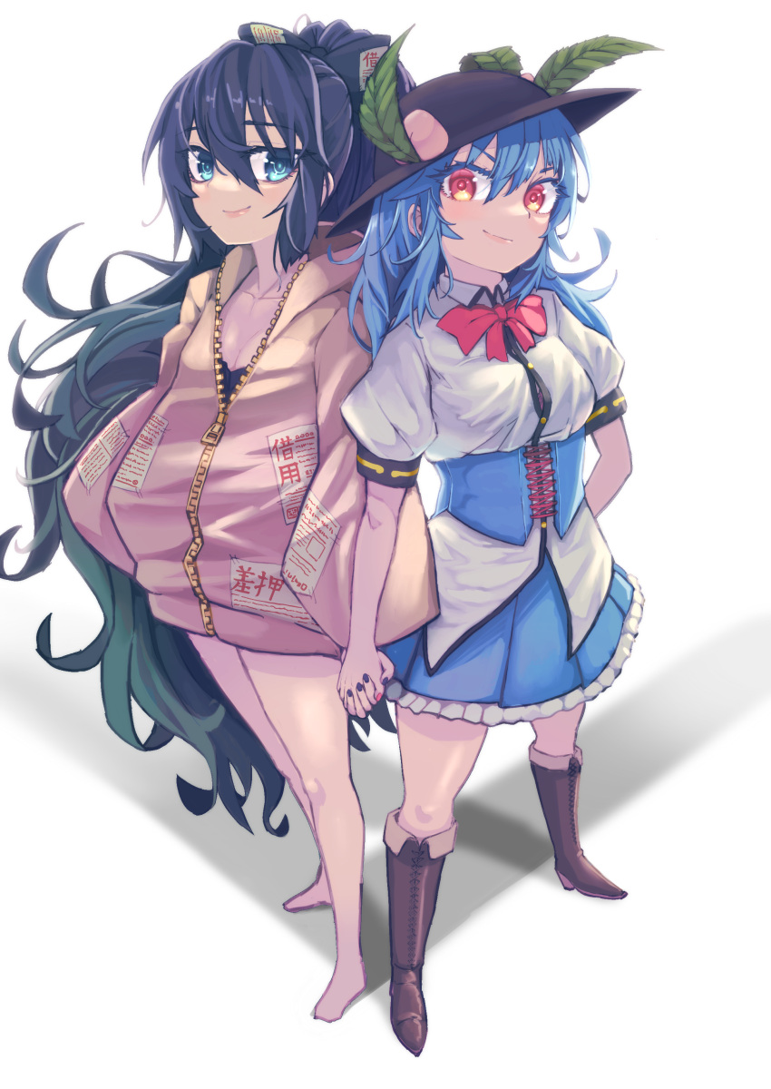 2girls absurdres adapted_costume barefoot black_headwear blue_bow blue_eyes blue_hair blue_nails blue_skirt blush boots bow bowtie brown_footwear closed_mouth collared_shirt fingernails fruit_hat_ornament full_body grey_jacket hair_between_eyes hair_bow hat_ornament highres hinanawi_tenshi hood hooded_jacket jacket kaden_(muxt8423) knee_boots long_hair long_sleeves multiple_girls nail_polish peach_hat_ornament puffy_short_sleeves puffy_sleeves red_bow red_bowtie red_eyes red_nails shirt short_sleeves simple_background skirt smile touhou white_background white_shirt yorigami_shion