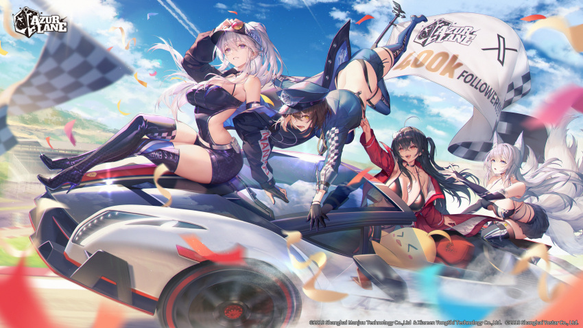 &gt;_&lt; 4girls ahoge animal_ears azur_lane back baltimore_(azur_lane) baltimore_(finish_line_flagbearer)_(azur_lane) bare_shoulders baseball_cap belt belt_pouch bikini black_bikini black_choker black_footwear black_gloves black_hair black_headwear black_jacket black_panties black_shorts black_thighhighs blue_bikini blue_headwear blue_jacket blue_shorts blue_sky blue_thighhighs boots breasts bridal_gauntlets brown_hair car checkered_flag chinese_commentary choker cleavage cleavage_cutout clothing_cutout cloud cloudy_sky commentary_request confetti contrail convertible copyright_name cropped_jacket crossed_bangs crossed_legs day dress driving elbow_gloves enterprise_(azur_lane) enterprise_(wind_catcher)_(azur_lane) eyewear_on_head eyewear_on_headwear falling flag fox_ears fox_girl fox_tail full_body gloves grey_belt gt-apex hair_between_eyes hair_through_headwear halter_dress halterneck hat high_heels high_ponytail highleg highleg_bikini highres jacket kitsune kyuubi lamborghini lamborghini_veneno large_breasts logo long_hair looking_at_viewer manjuu_(azur_lane) micro_shorts microskirt milestone_celebration miniskirt mismatched_bikini motion_blur motor_vehicle multiple_girls multiple_tails off_shoulder official_alternate_costume official_art on_vehicle open_clothes open_jacket open_mouth outdoors panties panty_straps parted_lips partially_fingerless_gloves peaked_cap pleated_skirt ponytail pouch purple_eyes race_queen race_vehicle racecar red-tinted_eyewear red_eyes red_jacket shinano_(azur_lane) shinano_(moonlit_chrome)_(azur_lane) short_shorts shorts side_cutout side_ponytail sidelocks sitting sitting_on_car skirt sky smile sports_car steering_wheel strap_pull string_bikini sunglasses swimsuit taihou_(azur_lane) taihou_(enraptured_companion)_(azur_lane) tail teeth thigh_strap thighhighs thighhighs_under_boots thighs tinted_eyewear tire twitter_x_logo two-tone_headwear underwear watermark wheel white_belt white_hair white_headwear white_tail windshield yellow_eyes zettai_ryouiki