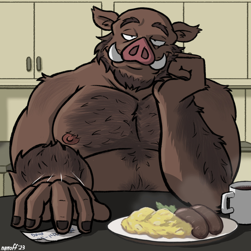 1:1 anthro beverage chubby_male coffee food hand_on_chin hi_res kitchen male mammal mature_male meat musclegut muscular muscular_male nanoff sausage shirtless sitting solo suarez_(nanoff) suid suina sus_(pig) wild_boar