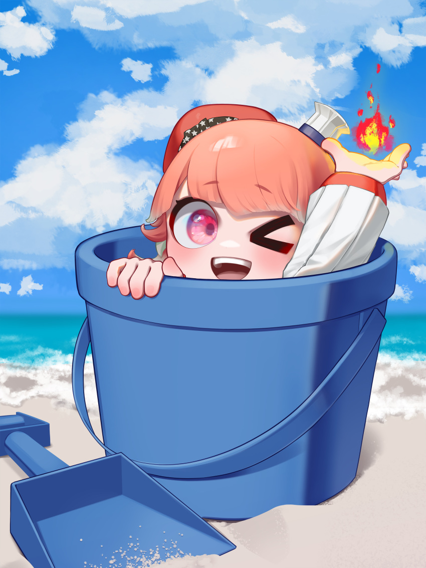 &gt;_o 1girl ;d absurdres appleblossomtea beach beret blue_sky blush bucket chibi cloud commentary day english_commentary fire hat highres hololive hololive_english long_sleeves looking_at_viewer magic mini_chef_hat multicolored_hair multiple_hats ocean one_eye_closed open_mouth orange_hair orange_headwear outdoors pyrokinesis red_eyes sky smile solo takanashi_kiara takanashi_kiara_(1st_costume) teeth upper_teeth_only virtual_youtuber water