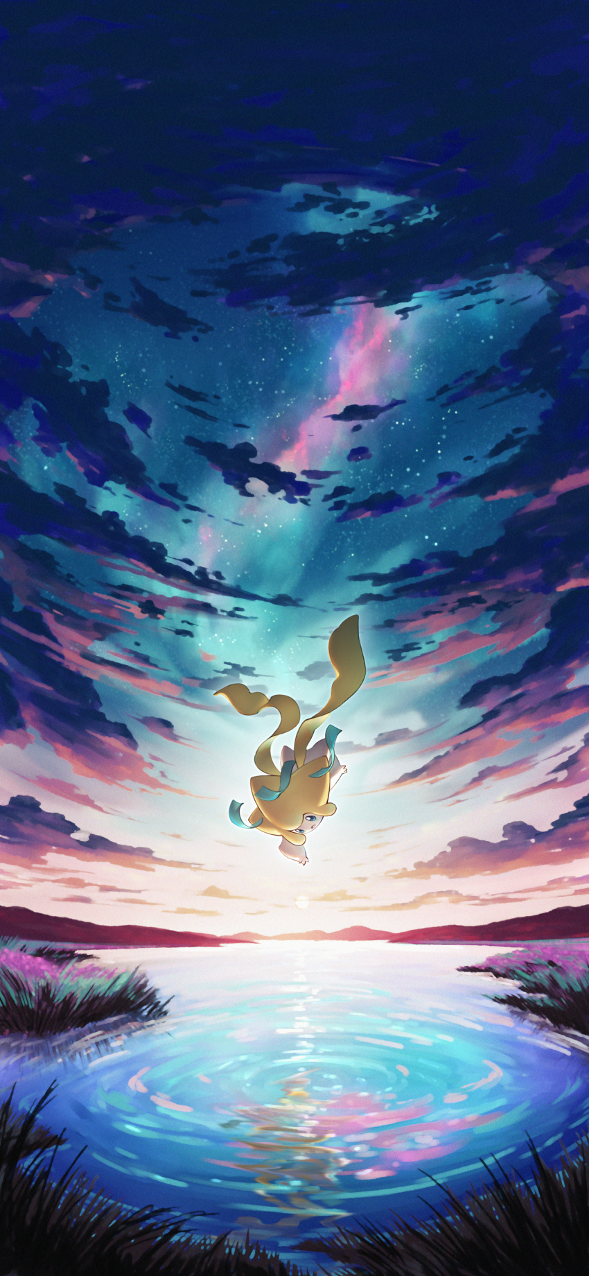 absurdres cloud commentary floating highres jirachi looking_down naoki_eguchi no_humans outdoors pokemon pokemon_(creature) reflection ripples sky solo twilight water