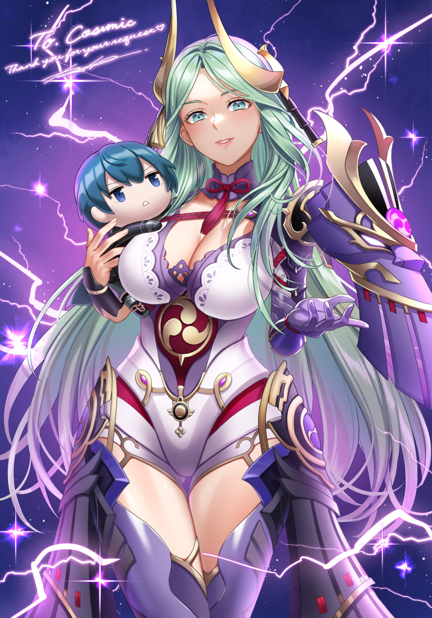 1boy 1girl absurdres armor blue_eyes blue_hair breasts byleth_(fire_emblem) byleth_(male)_(fire_emblem) character_doll cleavage commission commissioner_upload cosplay electricity fake_horns fire_emblem fire_emblem:_three_houses green_eyes green_hair highres horns iria_(yumeirokingyo) japanese_armor large_breasts light_smile non-web_source raiden_shogun raiden_shogun_(magatsu_mitake_narukami_no_mikoto) rhea_(fire_emblem) skeb_commission