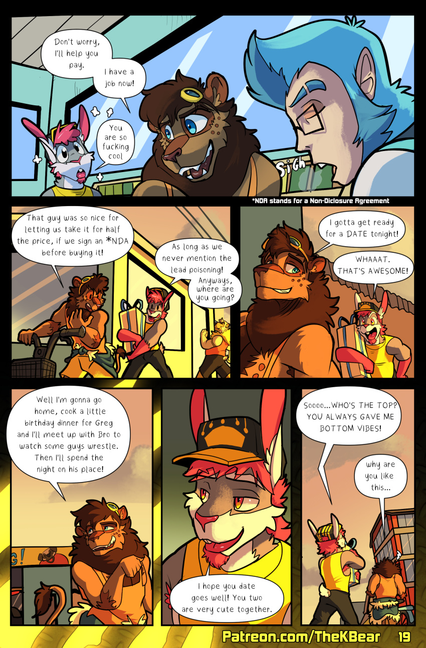 absurd_res anthro bax_(monkeydbax) bear comic detailed_background dialogue english_text facial_hair felid gift_box gift_wrapped goatee hair haplorhine hi_res holding_object hybrid johnny_bunny karou_(thekbear) lagomorph leporid lion male male_anthro mammal monkey pantherine primate rabbit red_hair size_difference text thekinkybear url