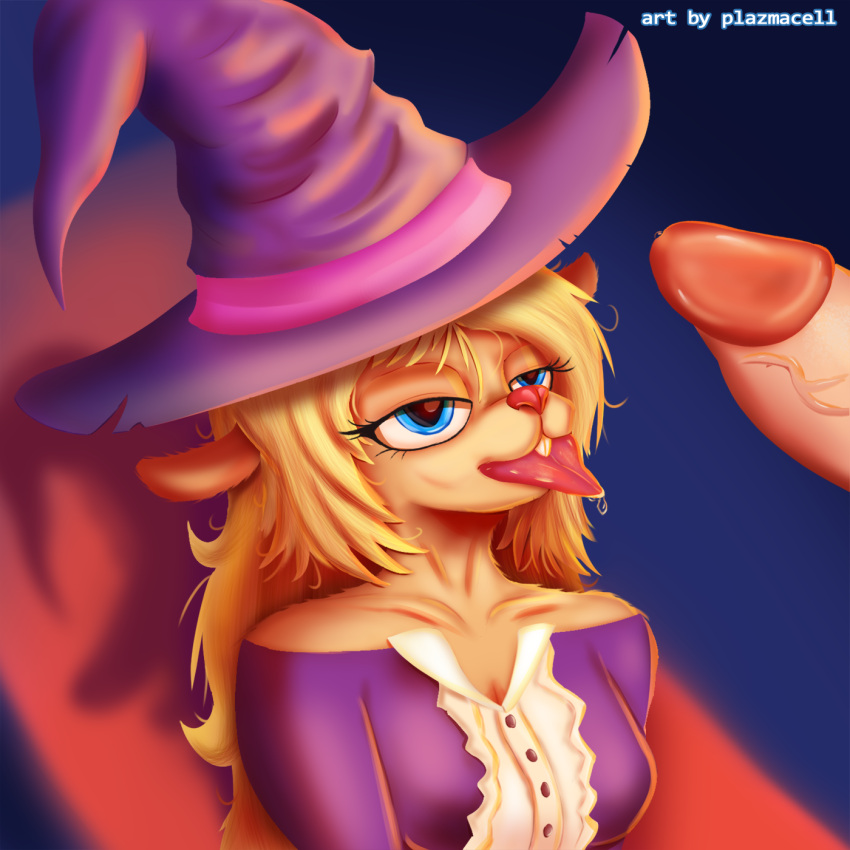 2023 anthro aroused bedroom_eyes blonde_hair blue_eyes bodily_fluids breasts brown_body brown_fur buckteeth clothed clothing deer deltarune duo english_text erection female female_focus fur genitals hair halloween hat headgear headwear hi_res holidays human humanoid_genitalia long_hair male male/female mammal narrowed_eyes new_world_deer noelle_holiday open_mouth penis plazmacell red_nose reindeer saliva saliva_on_tongue seductive sitting sitting_on_ground smile solo_focus teeth text tongue tongue_out undertale_(series) witch_costume witch_hat