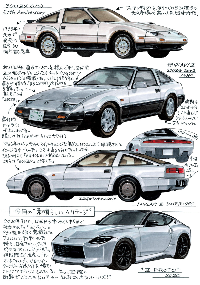 1983 1984_(year) 1986 2020 arrow_(symbol) car endo_izuru highres motor_vehicle multiple_views nissan nissan_300zx nissan_300zx_(z31) nissan_fairlady_z nissan_z_proto no_humans original sports_car translation_request white_background