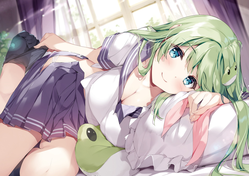 1girl blue_eyes blush breasts cleavage closed_mouth collarbone curtains day fingernails frills frog_hair_ornament grey_hair hair_ornament highres indoors kochiya_sanae long_hair looking_at_viewer lying medium_breasts miyase_mahiro on_side pillow pleated_skirt school_uniform short_sleeves simple_background skirt snake_hair_ornament sock_pull socks solo touhou window