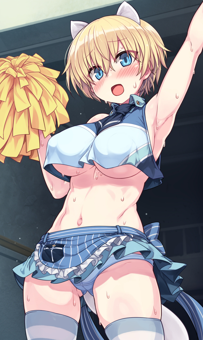 1girl animal_ears arm_up armpits blonde_hair blue_eyes brave_witches breasts cowboy_shot crop_top crop_top_overhang highres large_breasts nikka_edvardine_katajainen null_(nyanpyoun) outstretched_arm pom_pom_(cheerleading) short_hair tail underboob variant_set weasel_ears weasel_tail world_witches_series