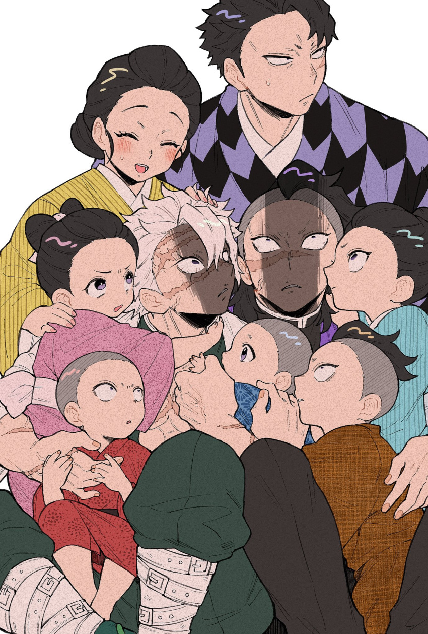 4girls 6+boys affectionate alternate_universe anger_vein annoyed black_hair black_pants bow-shaped_hair brother_and_sister brothers brown_kimono buzz_cut carrying child child_carry demon_slayer_uniform family female_child frown gohanha118 green_pants grey_hair group_hug hair_bun hair_pulled_back hand_on_another's_back hand_on_another's_head hand_on_another's_shoulder hand_up headpat highres holding_hands hug japanese_clothes kimetsu_no_yaiba kimono knees_up long_sleeves looking_at_another looking_away looking_up male_child mohawk multiple_boys multiple_girls pants pink_kimono purple_eyes red_kimono scar scar_on_arm scar_on_chest scar_on_face scar_on_forehead scar_on_nose shinazugawa_genya shinazugawa_hiroshi shinazugawa_koto shinazugawa_kyougo shinazugawa_sanemi shinazugawa_shizu shinazugawa_shuya shinazugawa_sumi shinazugawa_teiko short_hair siblings simple_background single_hair_bun sisters sitting sitting_on_lap sitting_on_person sweatdrop updo very_short_hair white_background wide_sleeves yellow_kimono