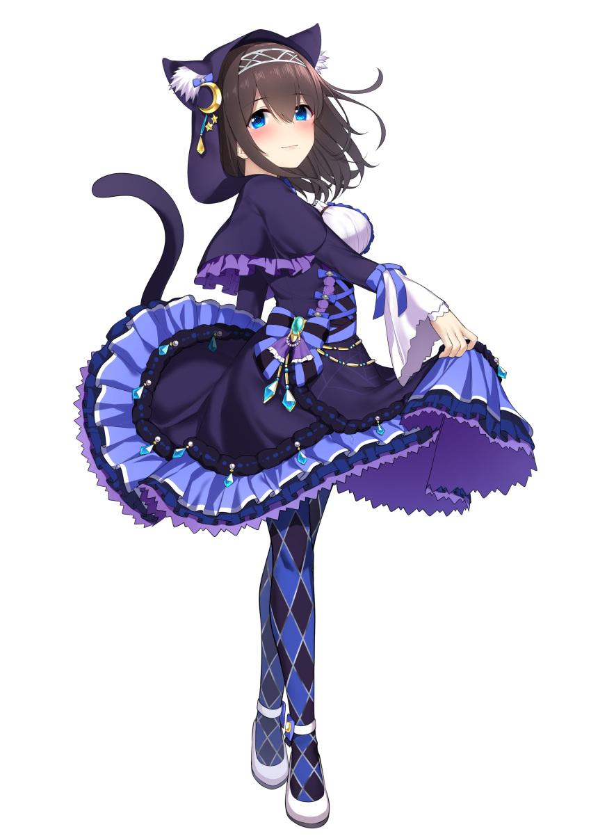 1girl absurdres animal_ears argyle_thighhighs belly_chain blue_eyes blue_ribbon blue_thighhighs blush breasts brown_hair cat_ears cat_tail closed_mouth crescent crescent_hair_ornament dress fake_animal_ears fake_tail frilled_dress frills full_body gem go-1 hair_between_eyes hair_ornament hairband highres hood idolmaster idolmaster_cinderella_girls idolmaster_cinderella_girls_starlight_stage jewelry large_breasts long_hair long_sleeves looking_at_viewer purple_dress ribbon sagisawa_fumika shoes simple_background skirt_hold smile solo star_(symbol) star_hair_ornament tail thighhighs white_background